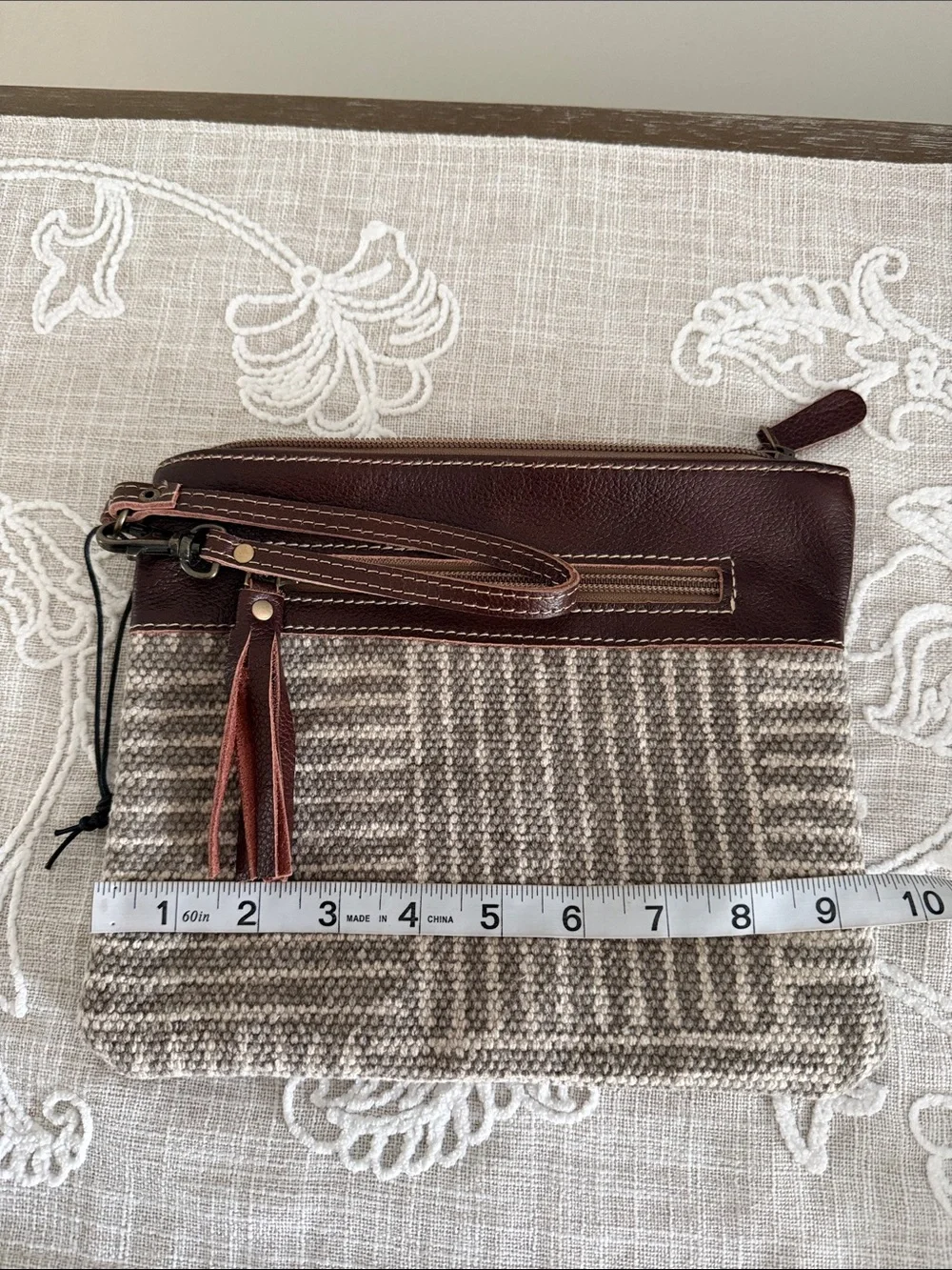 Myra NWOT Puzzled Pouch Wristlet Brown Leather & Beige fabric Wristlet Clutch